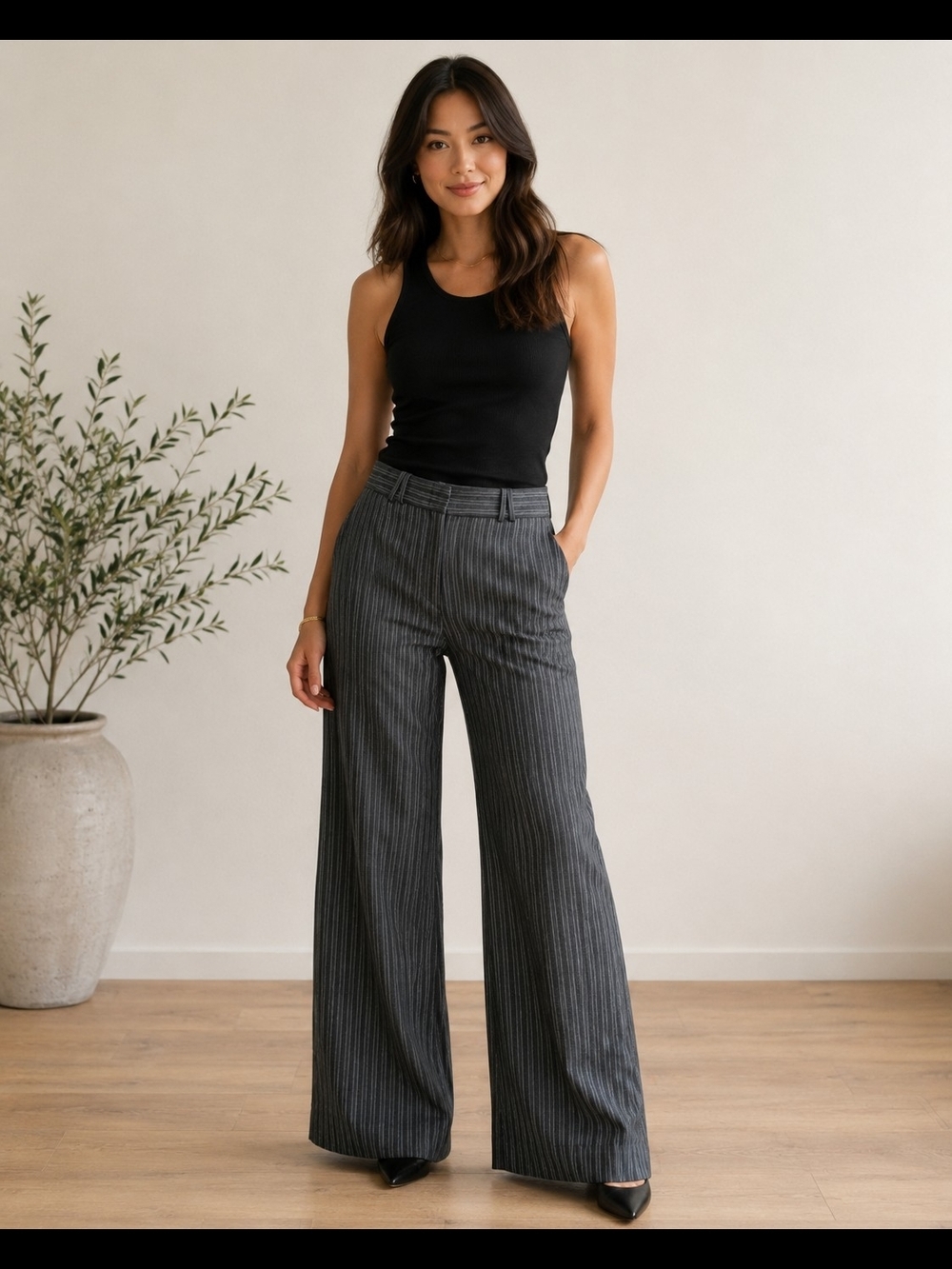 BCBGMaxAzria Gray Pinstripe Wide-Leg Trousers With Black Stripes